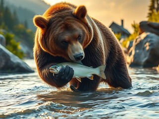 Majestic grizzly bear fishing for salmon in a rushing river at sunrise with a distinctive silhouette style
