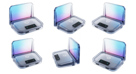 Futuristic digital device showcases multiple angles against a white backdrop highlighting its interactive screen and potential use