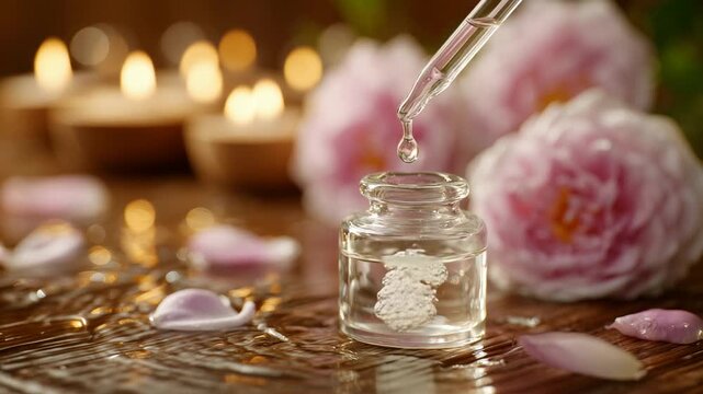 A serene spa scene with a pipette poised over a glass vial, capturing the essence of tranquility with diffused lighting, wooden surfaces, and rose petals.