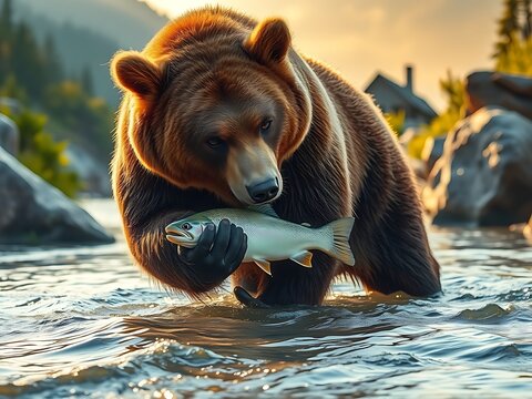 Majestic grizzly bear fishing for salmon in a rushing river at sunrise with a distinctive silhouette style