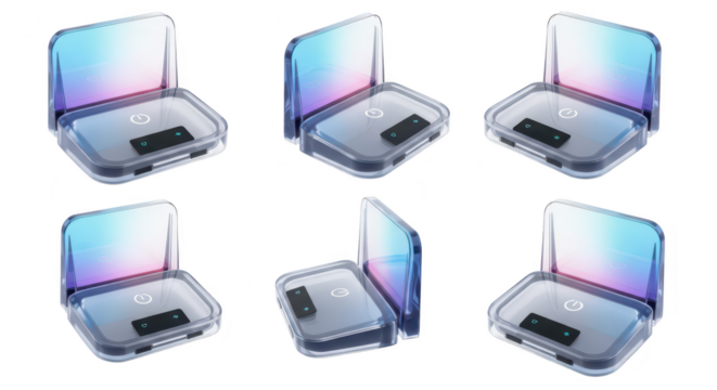 Futuristic digital device showcases multiple angles against a white backdrop highlighting its interactive screen and potential use