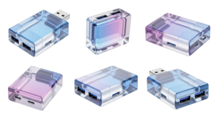 Six iridescent USB hub devices are isolated on a white background showcasing their ports for data transfer and connecting multiple devices