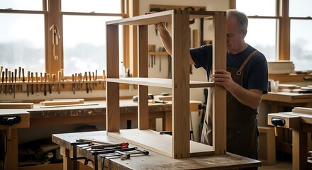 Male Woodworker Assembling Wooden Shelf in Workshop with Natural Light