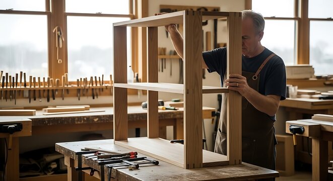 Male Woodworker Assembling Wooden Shelf in Workshop with Natural Light