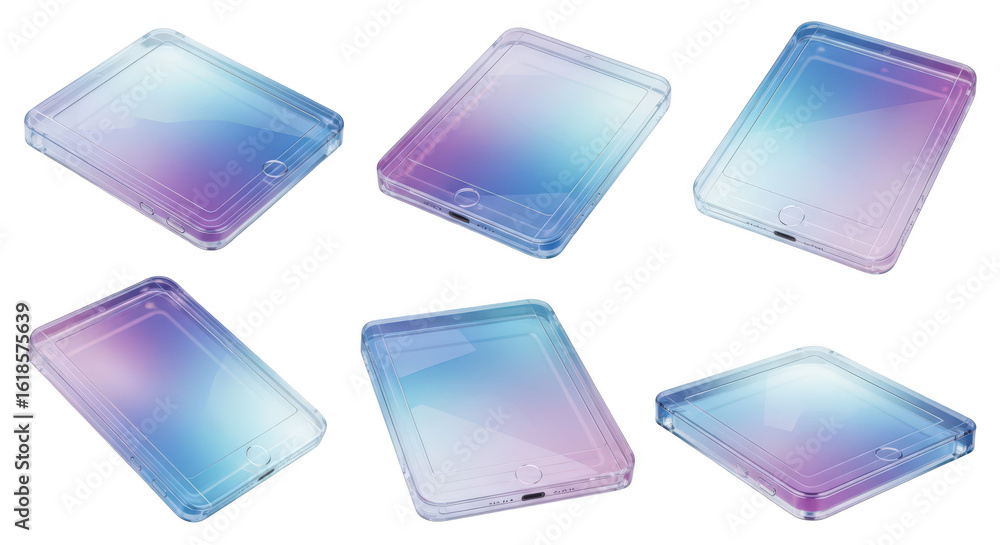 Poster several clear protective tablet cases in a gradient color scheme displayed on a white backdrop demon