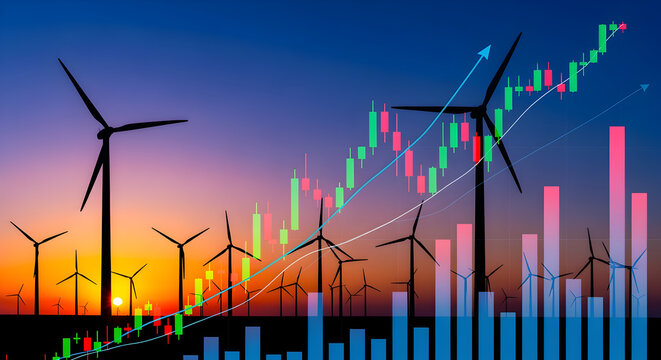 Wind Turbines Silhouetted at Sunset with Financial Growth Graphs in the Sky