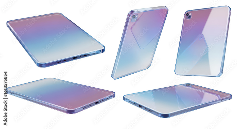 Poster rendered digital tablet showcasing multiple angles with holographic display effect on a white studio