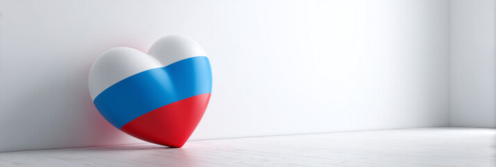 A heart with the Russian tricolor of white, blue, and red, standing on a floor, set against a white background.