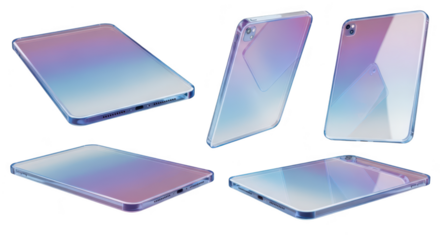 Rendered digital tablet showcasing multiple angles with holographic display effect on a white studio backdrop for tech or design visuals