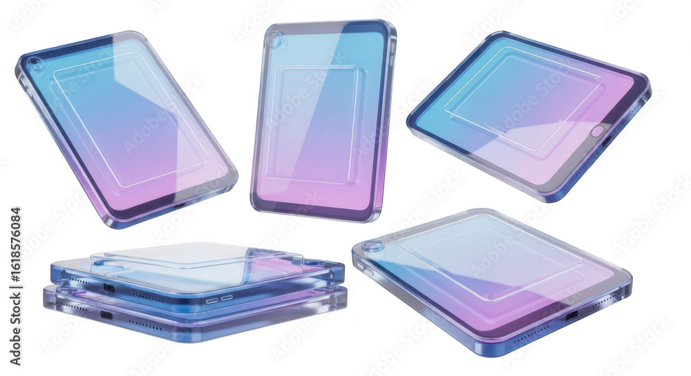 Poster 3d-rendered tablets multiple angles floating on white showcasing design used for technology design o