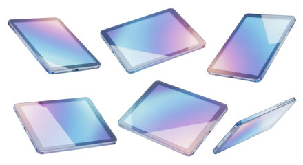 Floating tablets with iridescent screens on a white background showcasing technology for digital design or advertising