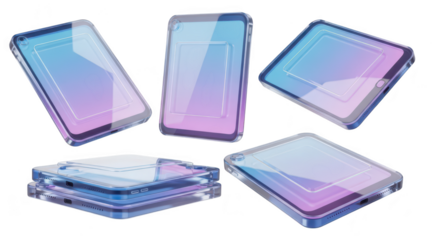 3D-rendered tablets multiple angles floating on white showcasing design Used for technology design or advertising