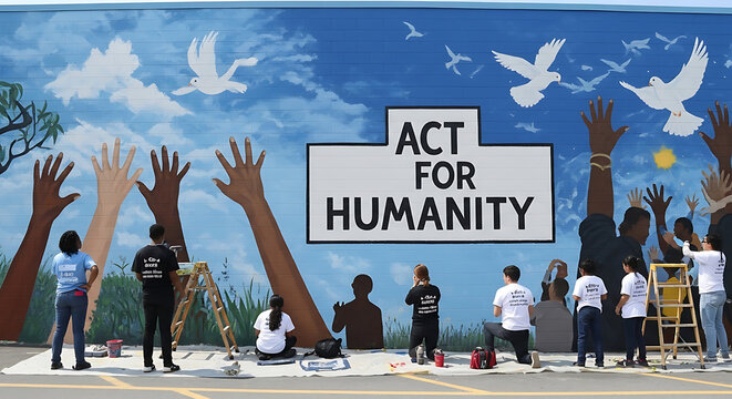 Diverse group of young volunteers painting a large public mural with the message 'Act for Humanity', promoting peace and unity.