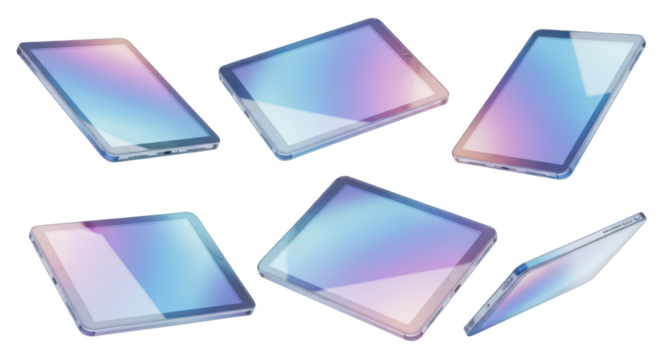 Floating tablets with iridescent screens on a white background showcasing technology for digital design or advertising