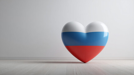 A heart with the Russian tricolor of white, blue, and red, standing on a floor, set against a white background.