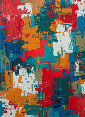 Fototapeta premium Close-up of a colorful abstract artwork showcasing rich acrylic paint textures. Layers of contrasting hues and expressive brushwork create a dynamic and visually stimulating contemporary piece.