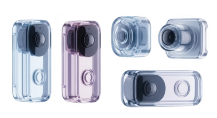 Several action cameras in protective cases isolated on white showcasing design for product photography