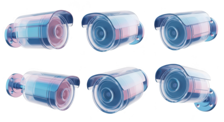 Transparent surveillance cameras arranged in various angles on a white backdrop illustrating security concepts for digital or print marketing