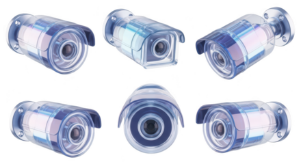 Transparent security cameras in various positions capturing surveillance views on a white background indicating their potential for monitoring and safety