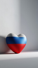 A heart with the Russian tricolor of white, blue, and red, standing on a floor, set against a white background.
