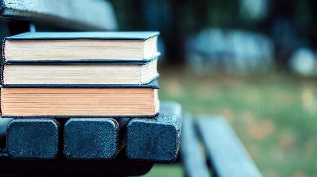Stack of hardcover and paperback books on a park bench with a blurred green background and autumn foliage