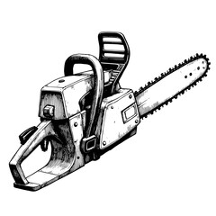 Chainsaw sketch in black and white vintage style on white background  
