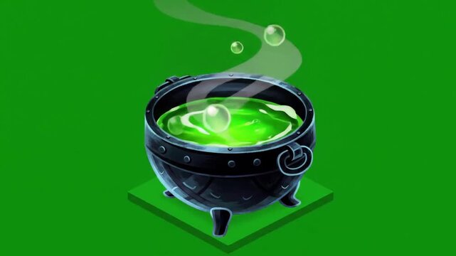 A bubbling green cauldron sits on a square green platform against a solid green background emitting mystical smoke and bubbles