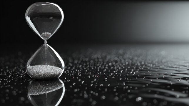Hourglass on a dark reflective surface