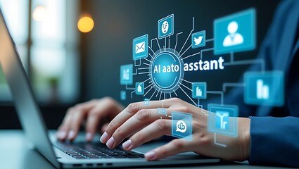 Futuristic AI Assistant Interface on Laptop Screen – Digital Concept
