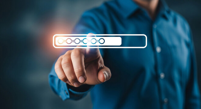Businessman initiates loading process by touching progress bar on digital interface