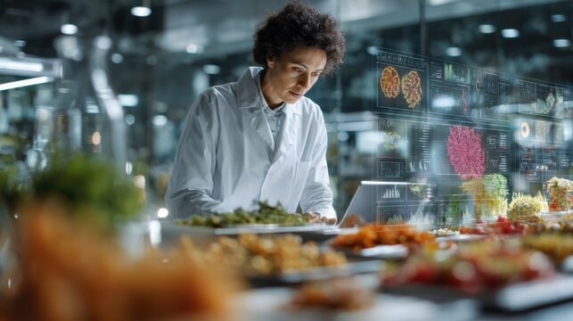 Scientist in lab surrounded by data on emissions and food waste, highlighting food system change as climate solution