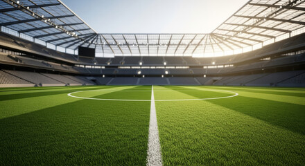 Illustration of empty soccer stadium with green grass and white lines on a sunny day