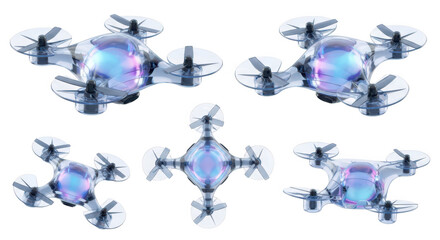 Transparent drone composite displays aerial perspectives on a white background representing technology innovation and future possibilities