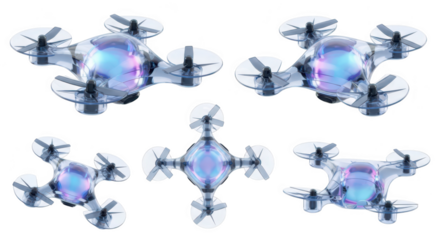 Transparent drone composite displays aerial perspectives on a white background representing technology innovation and future possibilities