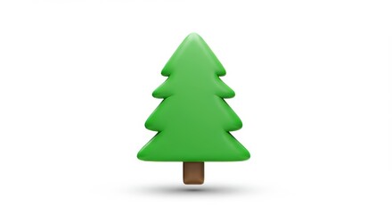 Fototapeta premium A stylized 3D rendering of a green evergreen tree with a brown trunk, isolated on a clean white background with a soft shadow.