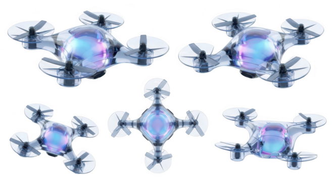 Transparent drone composite displays aerial perspectives on a white background representing technology innovation and future possibilities