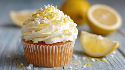 A cupcake with a lemon and white frosting