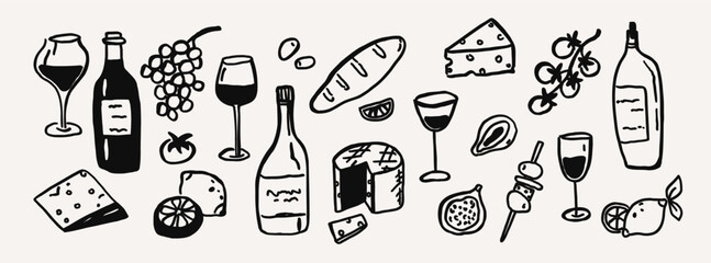 Plakat Whimsical wine party and food, cheese line art sketch set. Whimsy mediterranean dinner table settings summer hand drawn doodle elements. Wedding coquette outline vector illustration