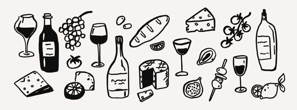Whimsical wine party and food, cheese line art sketch set. Whimsy mediterranean dinner table settings summer hand drawn doodle elements. Wedding coquette outline vector illustration