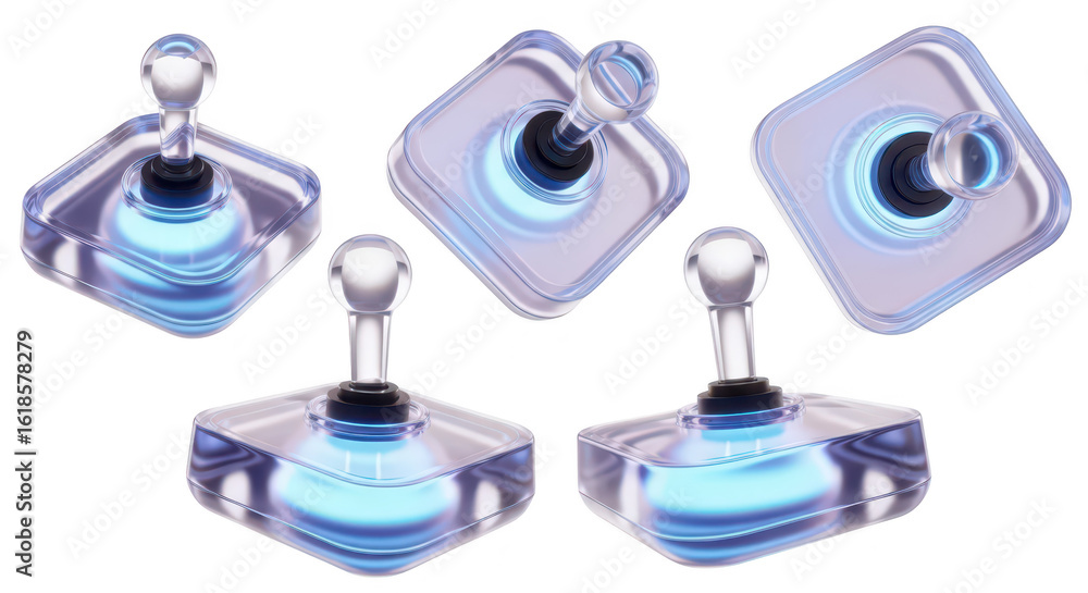 Poster five glowing glass joysticks arranged in a display likely for ui/ux or futuristic gaming design with