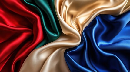 Obraz premium Luxurious Fabric Texture of Red, Green, Gold and Blue Silks Flowing Together in an Artistic Arrangement Ideal for Elegant Design and Textile Projects