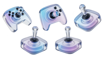 3D rendered transparent game controllers isolated on white floating in a digital art style for gaming & tech