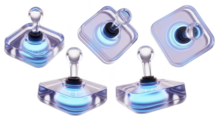 Five glowing glass joysticks arranged in a display likely for UI/UX or futuristic gaming design with white background