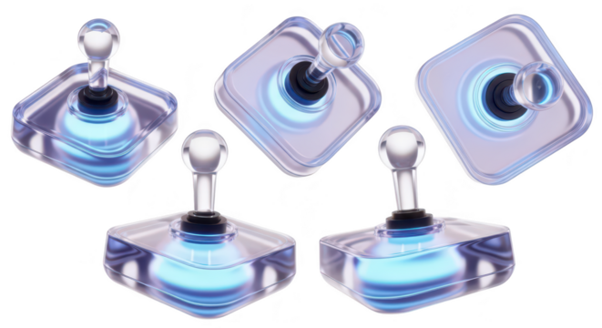 Five glowing glass joysticks arranged in a display likely for UI/UX or futuristic gaming design with white background