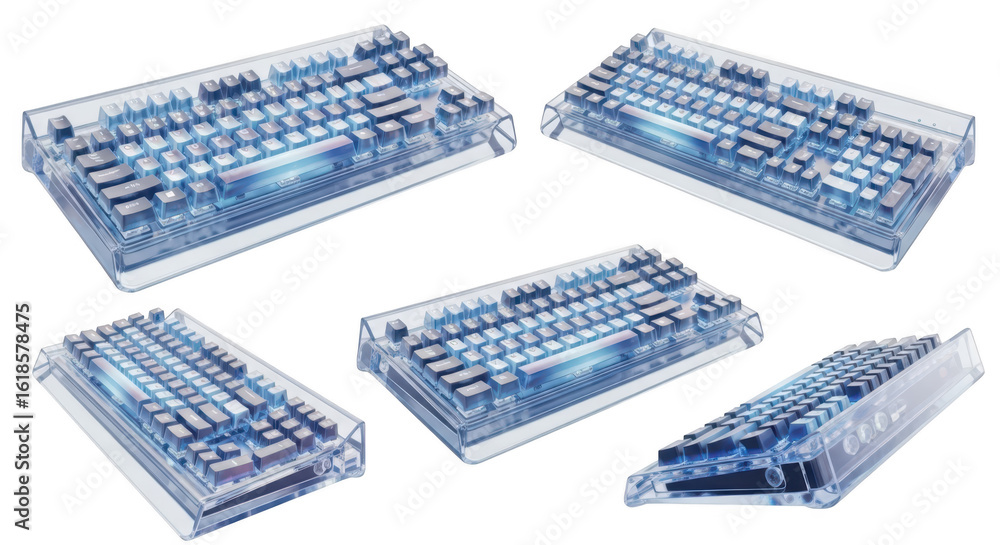 Poster transparent keyboard arrangement displaying internals showcased on white background used for tech pr