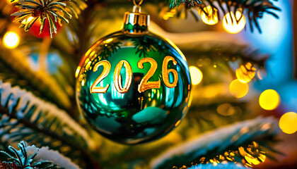 Green Christmas Ornament with Gold 2026 Lettering. Shiny Green Holiday Bauble on Tree Branch. Festive Green Ball with Golden Year 2026. Close-Up of Glossy Green Christmas Decoration.