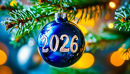 Blue Christmas Ornament with Silver 2026 Numbers. Glossy Blue Holiday Bauble with Metallic Text. Silver Lettering on Blue Christmas Ball Close-Up. Elegant Blue Christmas Ball with 2026 Inscription.