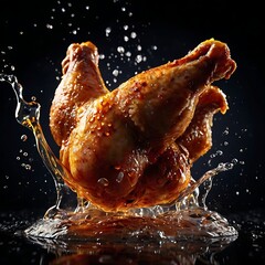 Crispy Roasted Chicken Dropping into a Splash of Oil