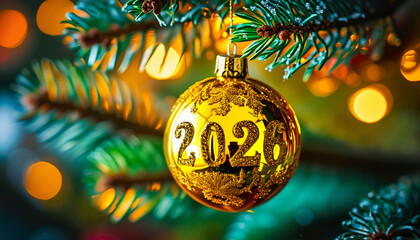 Yellow Christmas Ornament with Gold 2026 Text. Glossy Yellow Holiday Ball on Fir Tree Branch. Golden 2026 on Yellow Bauble – Christmas Decoration. Shiny Yellow Christmas Ball with Warm Lighting.