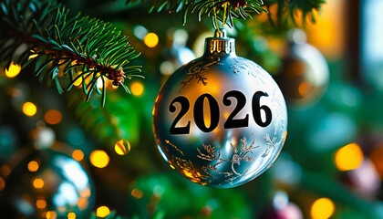 Silver Christmas Ornament with Black 2026 Text. Monochrome Holiday Bauble with Bold Year 2026. Sleek Silver Ball with Black Numbers on Tree. Elegant Silver Ornament with 2026 Lettering